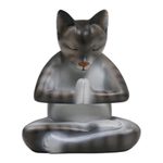Wood sculpture, 'Meditating Kitty in Grey' - Wood Meditating Cat Sculpture in Grey and White from Bali