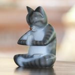 Wood sculpture, 'Meditating Kitty in Grey' - Wood Meditating Cat Sculpture in Grey and White from Bali