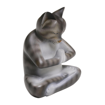 Wood sculpture, 'Meditating Kitty in Grey' - Wood Meditating Cat Sculpture in Grey and White from Bali