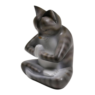 Wood sculpture, 'Meditating Kitty in Grey' - Wood Meditating Cat Sculpture in Grey and White from Bali