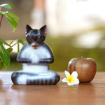 Wood sculpture, 'Meditating Kitty in Grey' - Wood Meditating Cat Sculpture in Grey and White from Bali