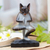 Wood sculpture, 'Yoga Kitty in Grey' - Wood Meditating Cat Sculpture in Grey and White from Bali