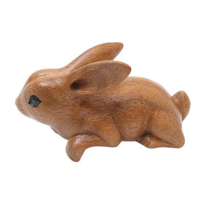 Wood sculpture, 'Curious Rabbit in Brown' - Handcrafted Suar Wood Rabbit Sculpture in Brown from Bali