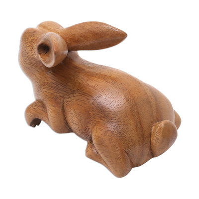 Wood sculpture, 'Curious Rabbit in Brown' - Handcrafted Suar Wood Rabbit Sculpture in Brown from Bali