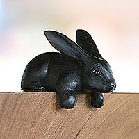 Wood sculpture, 'Curious Rabbit in Black'
