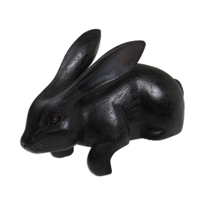 Wood sculpture, 'Curious Rabbit in Black' - Handcrafted Suar Wood Rabbit Sculpture in Black from Bali