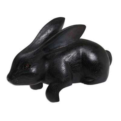 Wood sculpture, 'Curious Rabbit in Black' - Handcrafted Suar Wood Rabbit Sculpture in Black from Bali