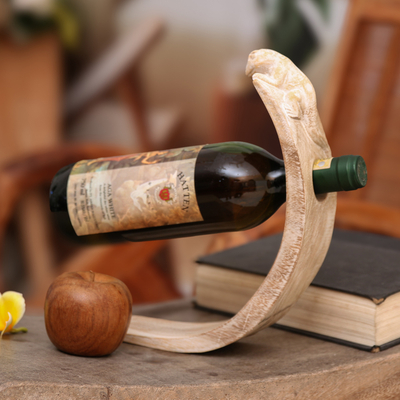 Wood wine bottle holder, 'Peeking Gecko' - Handcrafted Distressed Wood Gecko Wine Bottle Holder