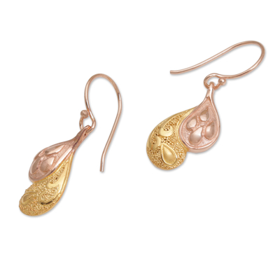 Gold plated sterling silver dangle earrings, 'Rosy Paisleys' - Rose Gold Plated Sterling Silver Dangle Earrings from Bali