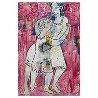 'Mother's Love' - Modern Balinese Original Painting of Mother and Son