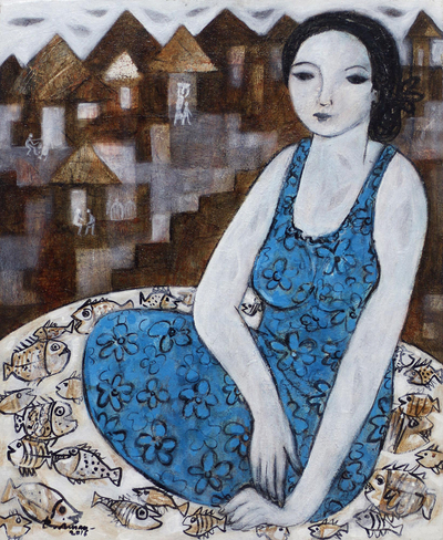 'Woman at the Village' - Moody Expressionist Portrait of a Balinese Woman in Blue