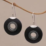 Lava stone dangle earrings, 'Starlight Circles' - Sterling Silver and Lava Stone Dangle Earrings from Bali