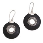 Lava stone dangle earrings, 'Starlight Circles' - Sterling Silver and Lava Stone Dangle Earrings from Bali