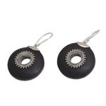 Lava stone dangle earrings, 'Starlight Circles' - Sterling Silver and Lava Stone Dangle Earrings from Bali