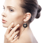 Lava stone dangle earrings, 'Starlight Circles' - Sterling Silver and Lava Stone Dangle Earrings from Bali