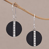 Dot Motif Lava Stone and Sterling Silver Earrings from Bali,'Dotted Discs'