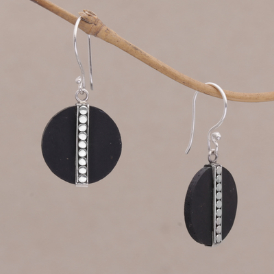 Lava stone dangle earrings, 'Dotted Discs' - Dot Motif Lava Stone and Sterling Silver Earrings from Bali