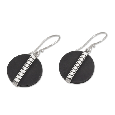 Lava stone dangle earrings, 'Dotted Discs' - Dot Motif Lava Stone and Sterling Silver Earrings from Bali