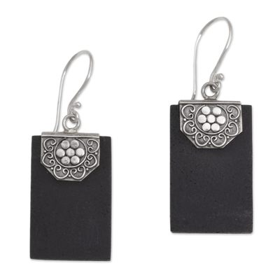Artisan Rectangular Lava Stone and Silver Earrings from Bali