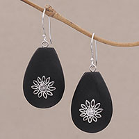 Lava stone dangle earrings, 'Pura Petals' - Lava Stone and Sterling Silver Floral Earrings from Bali