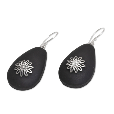Lava stone dangle earrings, 'Pura Petals' - Lava Stone and Sterling Silver Floral Earrings from Bali