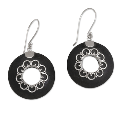 Lava stone dangle earrings, 'Wangi Rings' - Circular Lava Stone and Sterling Silver Earrings from Bali