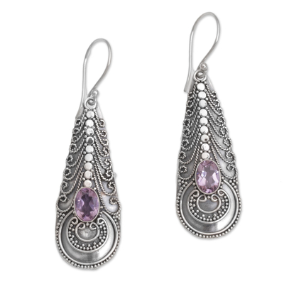 Amethyst dangle earrings, 'Temple Art' - Amethyst and Balinese Sterling Silver Earrings