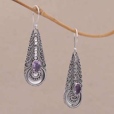 Amethyst and Balinese Sterling Silver Earrings - Temple Art | NOVICA