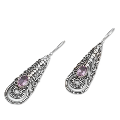 Amethyst dangle earrings, 'Temple Art' - Amethyst and Balinese Sterling Silver Earrings
