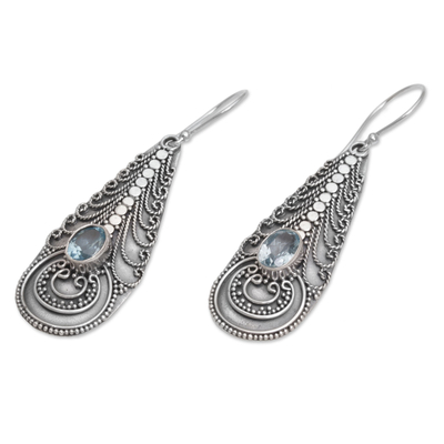 Blue topaz dangle earrings, 'Temple Art' - Topaz on Balinese Sterling Silver Earrings Crafted by Hand