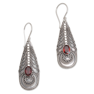 Garnet dangle earrings, 'Temple Art' - Garnet on Balinese Sterling Silver Earrings Crafted by Hand
