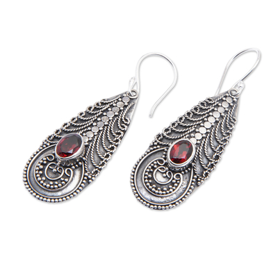 Garnet dangle earrings, 'Temple Art' - Garnet on Balinese Sterling Silver Earrings Crafted by Hand