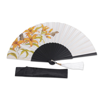 Silk and mahogany wood fan, 'Moonlight Lily' - Handmade Silk and Mahogany Fan with Lilies and Butterflies