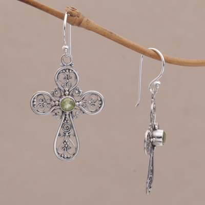 Peridot dangle earrings, 'Indonesian Cross' - Sterling Silver Peridot Openwork Cross Earrings from Bali