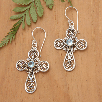 Blue topaz dangle earrings, 'Indonesian Cross' - Sterling Silver Blue Topaz Openwork Cross Earrings from Bali
