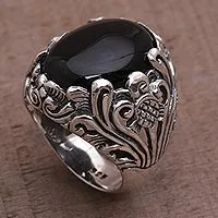 Anillo de cóctel de ónix, 'Night Bloom' - Anillo de cóctel de ónix de plata de ley floral hecho a mano