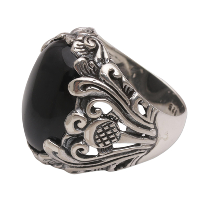 Onyx cocktail ring, 'Night Bloom' - Hand Crafted Floral Sterling Silver Onyx Cocktail Ring