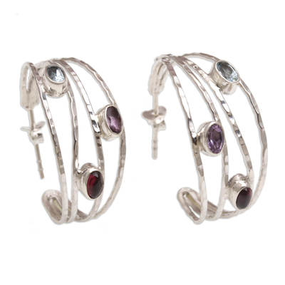 Multi-gemstone half-hoop earrings, 'Eternal Majesty' - Multigemstone and Sterling Silver Half Hoop Earrings