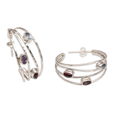 Multi-gemstone half-hoop earrings, 'Eternal Majesty' - Multigemstone and Sterling Silver Half Hoop Earrings