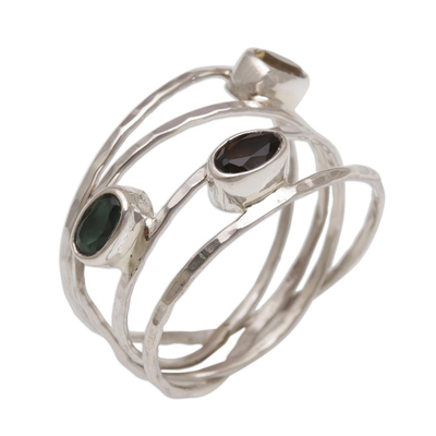 Multi-gemstone ring, 'Bold Majesty' - Green and Smoky Quartz and Citrine Ring from Bali