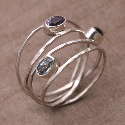 Multi-gemstone ring, 'Eternal Majesty' - Amethyst Blue Topaz and Garnet Multi-Band Ring from Bali