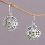 Peridot dangle earrings, 'Temple Watchers' - Peridot and Sterling Silver Dot Motif Earrings from Bali