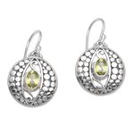Peridot dangle earrings, 'Temple Watchers' - Peridot and Sterling Silver Dot Motif Earrings from Bali