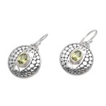Peridot dangle earrings, 'Temple Watchers' - Peridot and Sterling Silver Dot Motif Earrings from Bali
