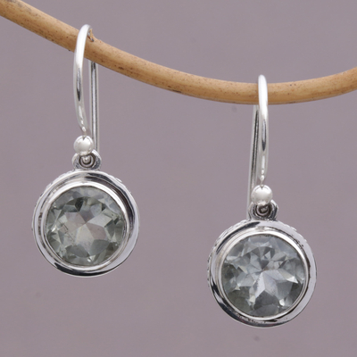 Prasiolite dangle earrings, 'Glittering Glance' - Circular Prasiolite and Sterling Silver Earrings from Bali