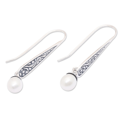 Cultured pearl dangle earrings, 'Rising Swirls' - Cultured Pearl Spiral Motif Dangle Earrings from Bali