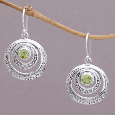 Peridot dangle earrings, 'Heavenly Gleam' - Peridot and Sterling Silver Crescent Earrings from Bali