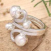 Cultured pearl cocktail ring, 'Vine Glow' - Cultured Pearl and Sterling Silver Cocktail Ring from Bali