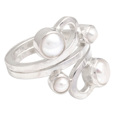 Cultured pearl cocktail ring, 'Vine Glow' - Cultured Pearl and Sterling Silver Cocktail Ring from Bali
