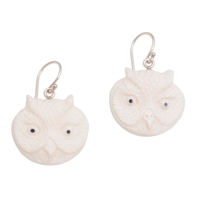 Bone dangle earrings, 'Owl Faces' - Handcrafted Bone Owl Head Dangle Earrings from Bali